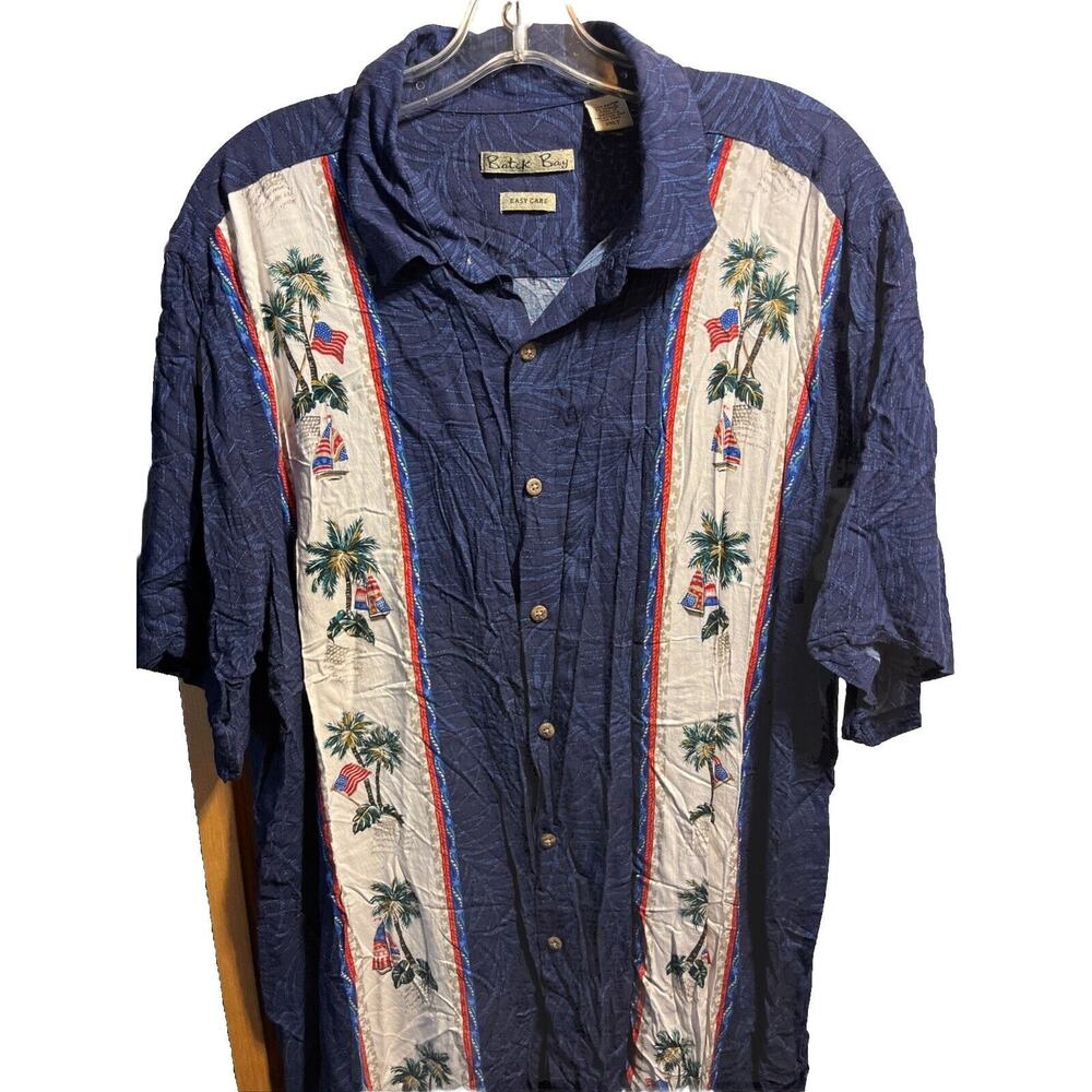 Batik Bay Navy Blue Men’s L Shirt USA Flag Palm Print Hawaiian Rayon SS Button